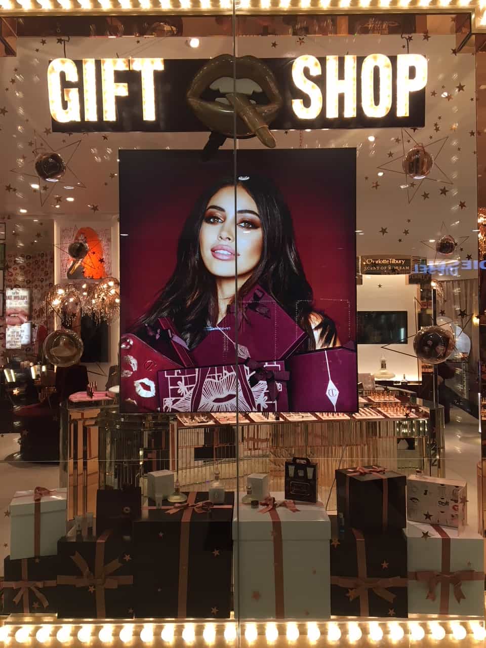 Gift shop window with presents
